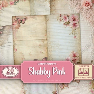 Shabby Pink Lined Junk Journal Papers, Digitaal schrijfpapier, Blank Digital Papers Kit, Pink Ephemera, Journaling Basic Papers, Kaart maken