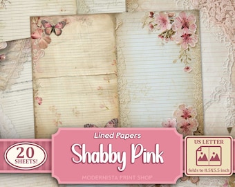 Papier pour carnet de bord bordé de rose minable, papier à lettres numérique, kit de papiers numériques vierges, éphémères roses, papiers de base pour la journalisation, fabrication de cartes