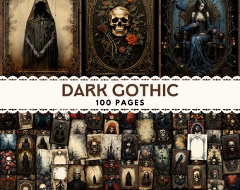 Op de afbeelding: Een collage van 100 donkere gotische afbeeldingen met schedels, rozen, kraaien en figuren in zwarte kleding. De titel "DARK GOTHIC 100 PAGES" staat bovenaan.