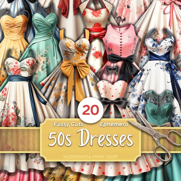 50s Dresses Ephemera Kit | Dolls Journaling | Fussy Cut | Digital Dolls Images | Card Making | 50's Vintage Ephemera | Stickers