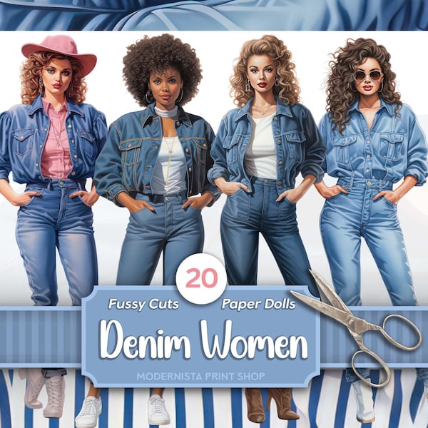 Denim Women Paper Dolls Kit | Dolls Journaling | Fussy Cut | Digital Dolls Images | Card Making | Blue Jeans Vintage Ephemera | Stickers