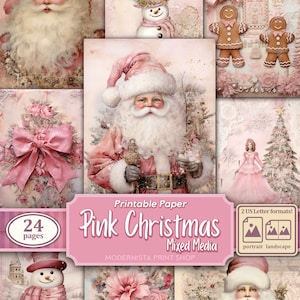 Kit Pink Christmas Junk Journal Mixed Media, documenti digitali, pagine di diario stampabili rosa, documenti di diario, download digitale, creazione di carte