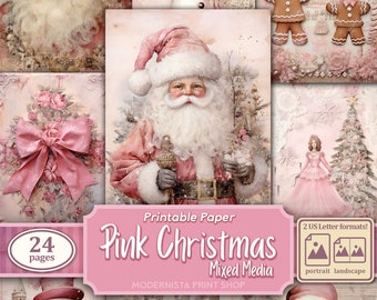 Pink Christmas Junk Journal kit Mixed Media, digital papers, pink printable journal pages, journaling papers, digital download, card making