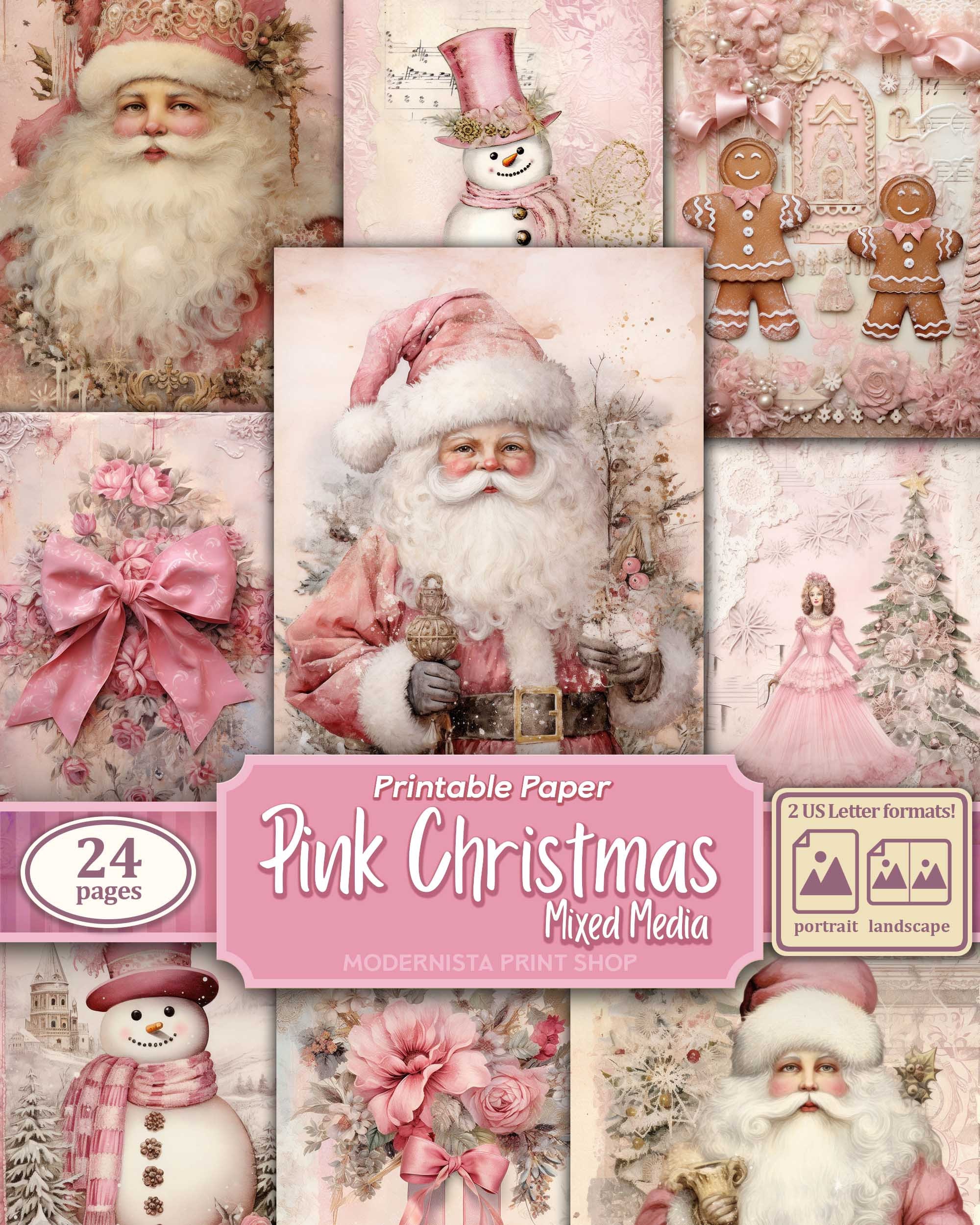 Pink Christmas Junk Journal kit Mixed Media, papiers numériques, pages de journal imprimables roses, papiers de journalisation, téléchargement numérique, fabrication de cartes