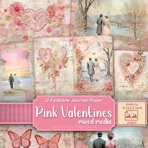 Pink Valentines Mixed Media Junk Journal Pages, Digital Papers, Pink Printable Journal Pages, Journaling Papers, Card Making, Laces Ephemera