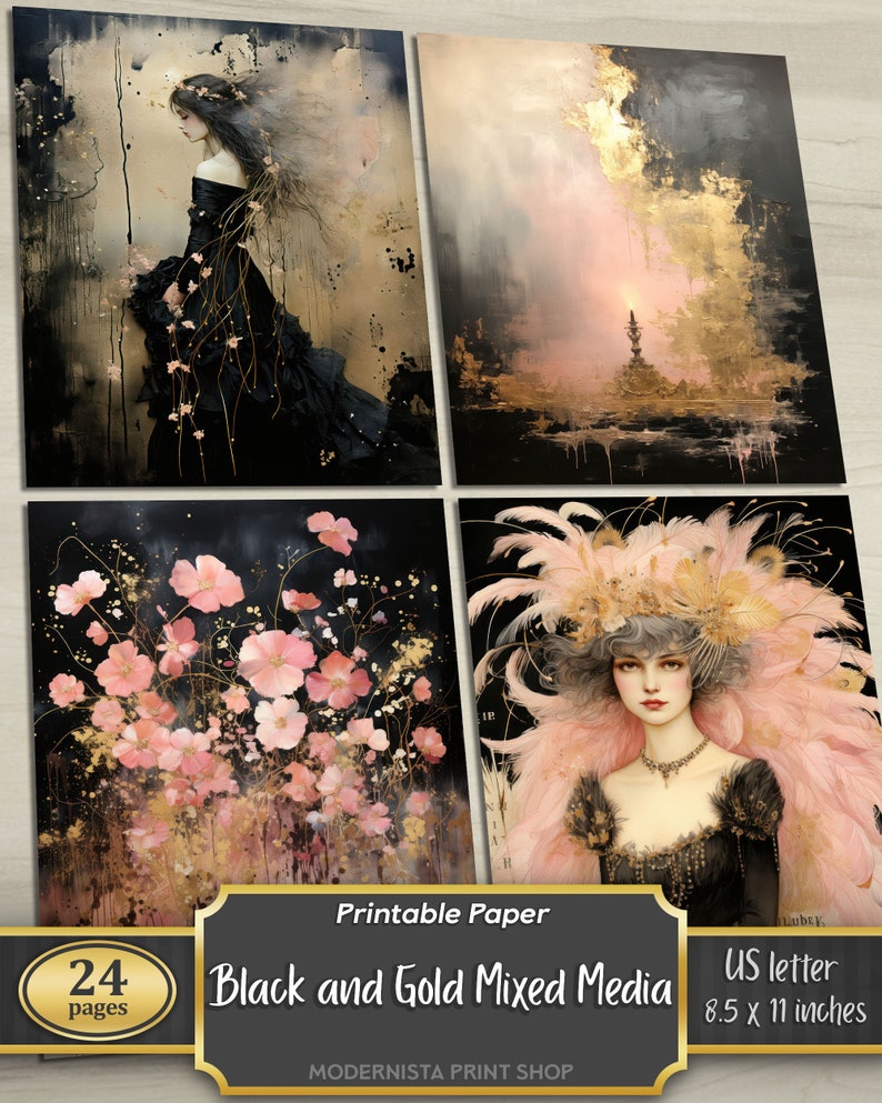 Black and Gold Mixed Media Junk Journal Art Kit, Digital Papers ...