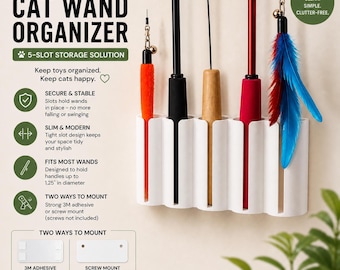 Wall Mounted Cat Wand Organizer | 5-Slot Pet Toy Storage Rack
