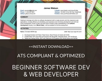 Software Developer Resume Template,ATS Friendly,No Experience Resume,Web Developer Resume,Beginner,Junior Dev,Programmer Resume,Minimalist
