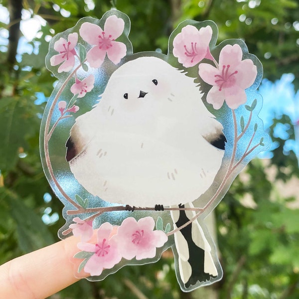 Spring Cherry Blossom Long-Tailed Tit Bird Sticker - Pastel Pink Enaga Snowball Bird - Cute and Transparent Shima Enaga