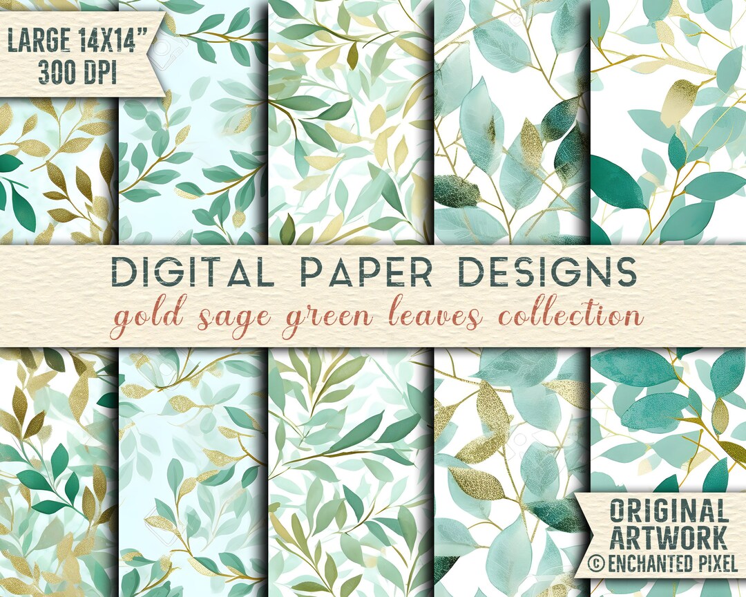 Seamless Sage Green Leaves Pattern Digital Paper in Watercolor Style