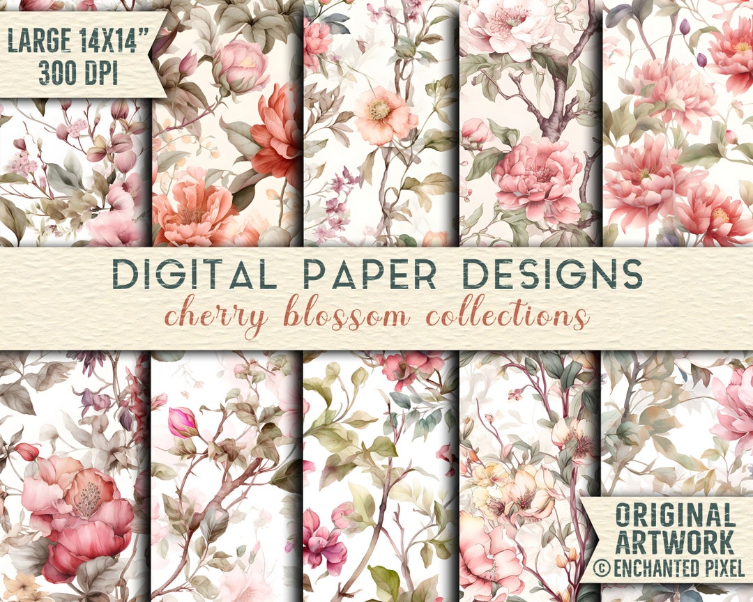 Cherry Blossom Art, Watercolor Seamless Pattern Digital Download for ...