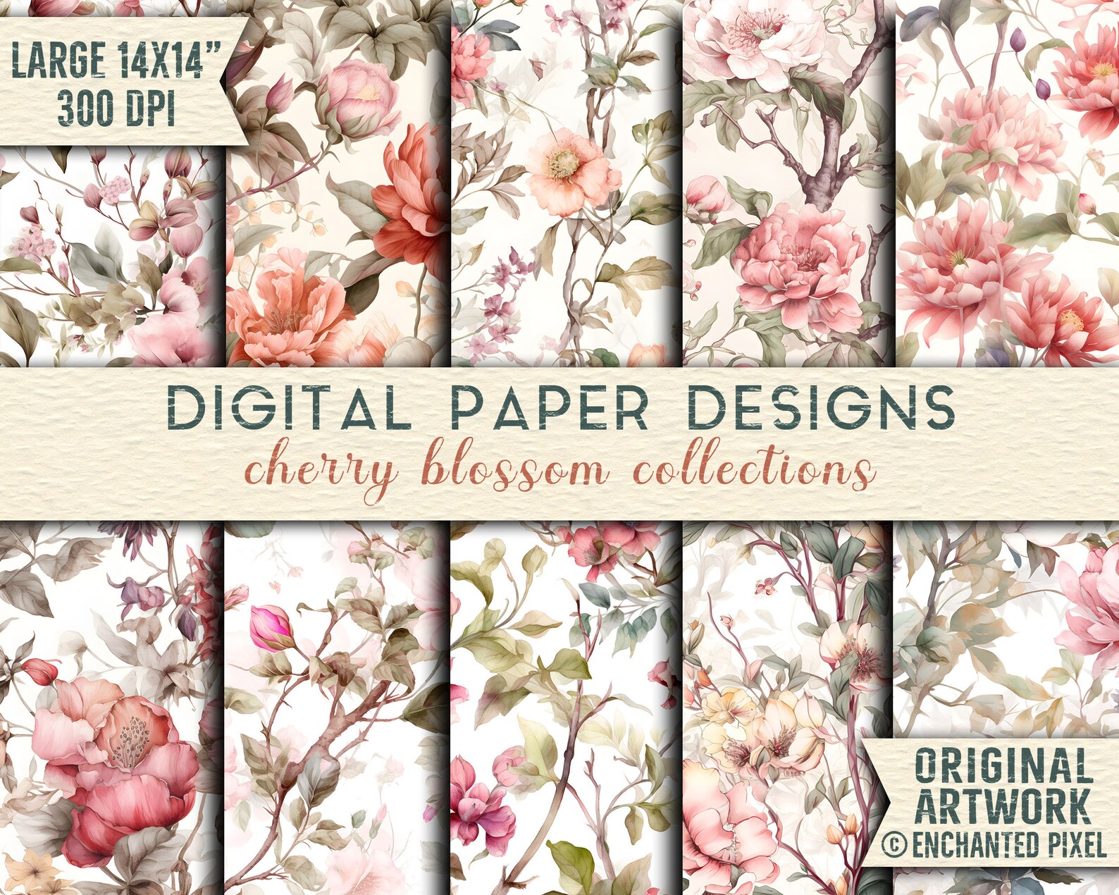 Cherry Blossom Art, Watercolor Seamless Pattern Digital Download for ...