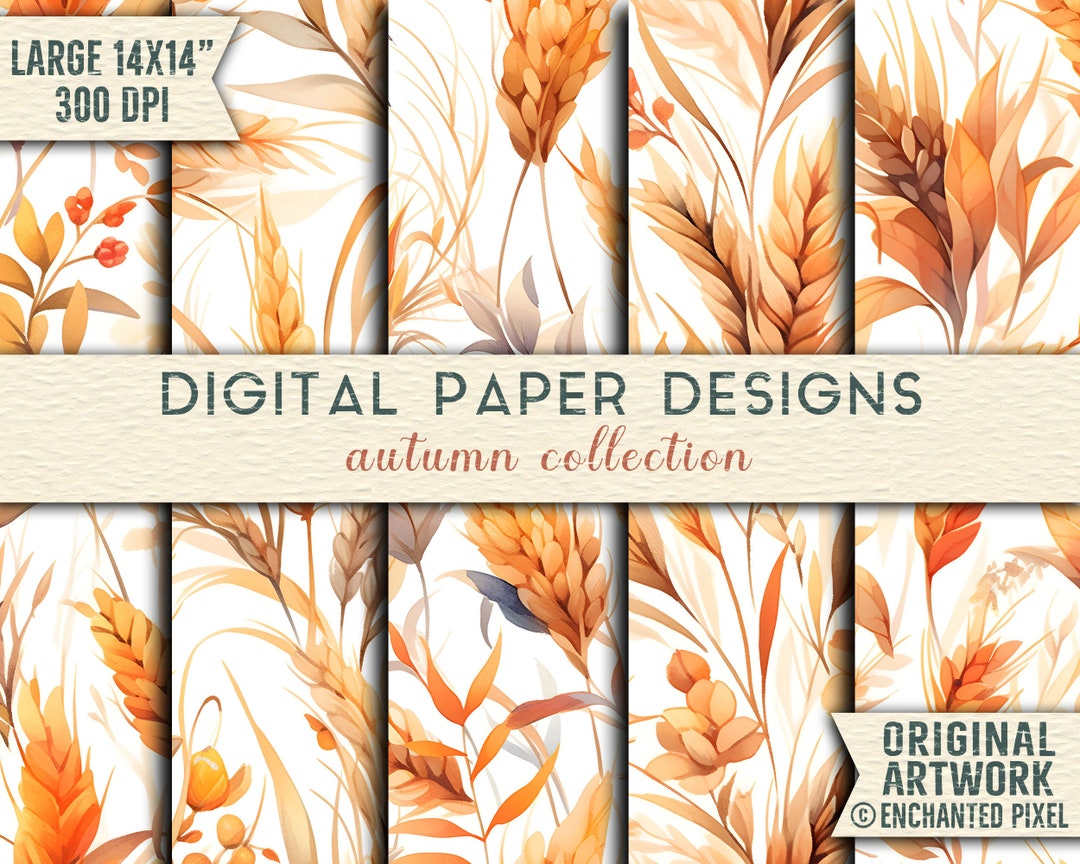 Autumn Leaves and Wheat Sheaves Digital Paper Pack for Fall