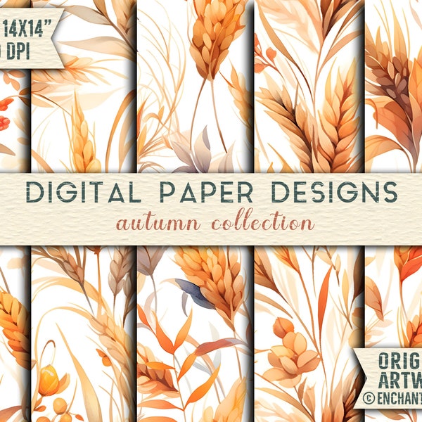 Autumn Leaves and Wheat Sheaves: Digital Paper Pack for Fall Backgrounds and Crafts