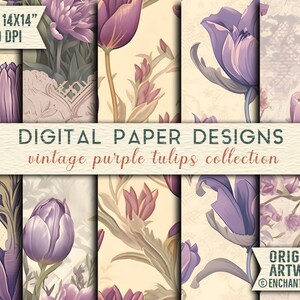 Vintage Blumen in einem antiken Ambiente: Nostalgisches Lila Tulpen Muster - Nahtlose Stoffmuster, Digitales Papier zum Basteln & Verpacken