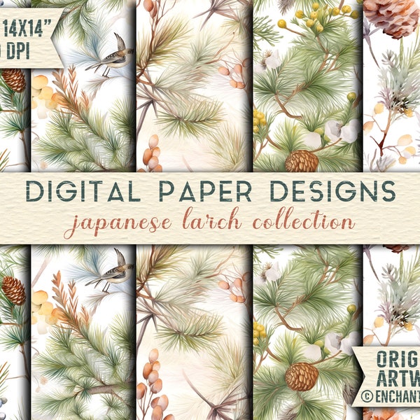 Japanese Larch Tree Watercolor Digital Paper – Artful Seamless Pattern for Paper Crafts, Fabric Design & Wrapping – Inspired by Japanese Art