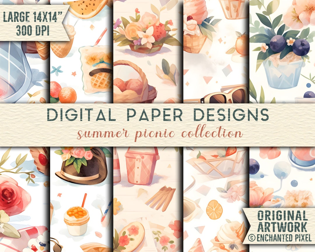 Picnic Pattern Ripped Paper 5 Set Ofsummer Picnic Delights: Watercolor Pattern | Seamless Picnic ...