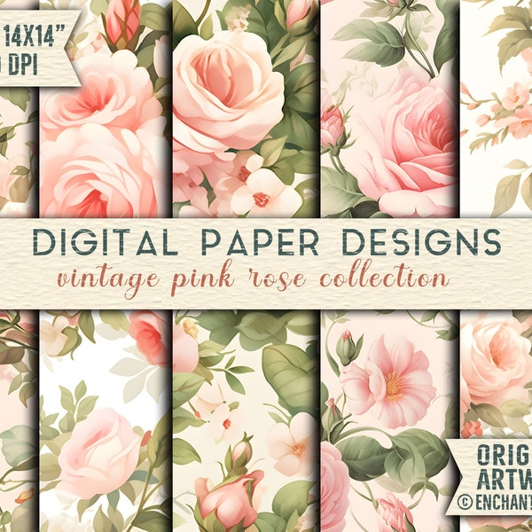 Nostalgic Floral Collection: Romantic Pink Rose & Vintage-Inspired Floral Art - Seamless Fabric, Digital Paper, and Wrapping Crafts