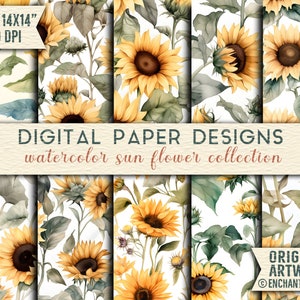 Watercolor Sunflower Seamless Pattern - Delightful Sunflower Digital Paper Pack for Spring & Summer Printable Papers, Sublimation Prints