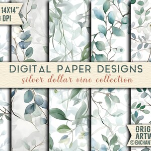 Silber Dollar Vine Aquarell Muster | Botanischer Garten Inspiriert Digitales Papier | Nahtlos für Papierbasteleien, Stoffdesign & Geschenkpapier