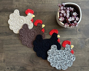 Set of 4 Chicken Coasters, Crochet Coasters, Handmade Cotton Coasters, Neutral Coasters, Everyday Use Item
