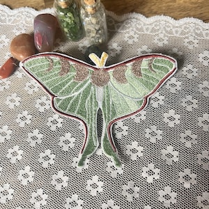 May include: Green and brown embroidered moth patch with red stitching. The moth has a white stripe down the centre of its body and a yellow spot on its head.