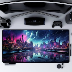 Cyber Cityscape &quot;Neon Reflections&quot; - 15.5 x 31&quot; Desk Mat - Cyber gamer techy geek surreal dystopian futurecore future