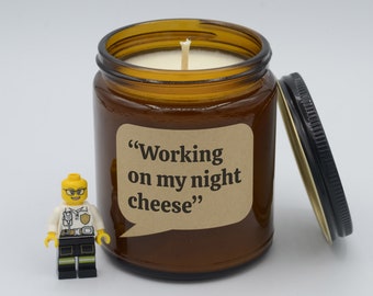 Quote "Working on my Night Cheese" Funny TV Show Lines Soy Candle (9oz, 16oz)