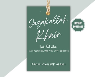 Personalized JazakAllah Khair Gift Tags: Islamic Thank You Notes (Instant Download)