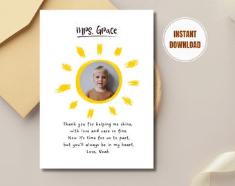 Sunshine Teacher Appreciation Card, Thank You Gift, Printable Teacher Gift, End of Year Teacher Card, Helping Me Shine, Instant Download