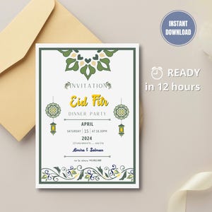May include: A green and yellow invitation card for an Eid Fitr dinner party. The card features a decorative design with lanterns and the text "Eid Fitr Dinner Party". The date and time of the party are listed as "Saturday 15 April 2024 at 18.30PM".