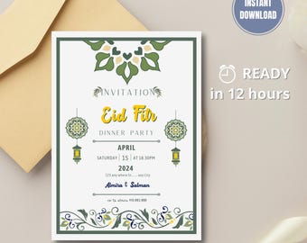 May include: A green and yellow invitation card for an Eid Fitr dinner party. The card features a decorative design with lanterns and the text "Eid Fitr Dinner Party". The date and time of the party are listed as "Saturday 15 April 2024 at 18.30PM".