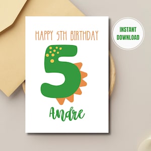 Cartão de aniversário de dinossauro, saudação personalizada para meninos, cartão postal personalizado de 1ª a 5ª idade, aniversário de dinossauro para meninos, cartão numérico, download instantâneo