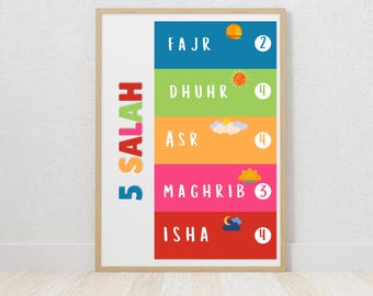 5 Daily Prayers Poster, Muslim Kids Educational Wall Art (Digital Download)