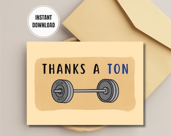 Thank You Card Cute, Thanks A Ton Barbell, Punny Weightlifting, Crossfit Gift, Thank You Card for Crossfit Lovers Weightlifting, Download