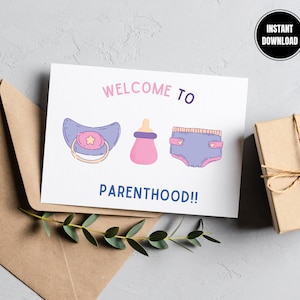 Printable New Parents Card, Funny Card Welcome to Parenthood, Funny Baby shower Gift, New Baby Birth, Instant Download