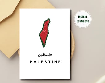 May include: A printable digital download of a red outline of Palestine with the word "Palestine" and the Arabic word for Palestine, "فلسطين", written below the outline.