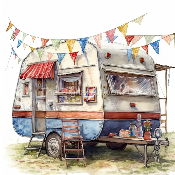 12 High Quality Designs of Cosy Caravans Clip Art 12 JPGs - Digital Print, Watercolour, Wall Art, Commercial Use - Digital Download