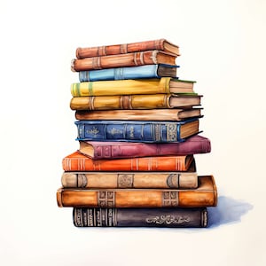 以下が含まれることがあります： 茶色、青、赤、黄色の様々な色合いの、擦り切れた革の表紙を持つ、ヴィンテージの本の積み重ね。本は垂直に積み重ねられており、一番下の本が一番古く、一番上の本が一番新しい。
