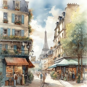Pu&ograve; includere: Un dipinto ad acquerello di una scena di strada parigina con la Torre Eiffel in lontananza. La strada &egrave; fiancheggiata da edifici, negozi e persone. Gli edifici sono dipinti in tonalit&agrave; di giallo, marrone e bianco. I negozi hanno tende e insegne. Le persone camminano, parlano e fanno shopping. La Torre Eiffel &egrave; dipinta in un colore marrone chiaro ed &egrave; circondata da un cielo blu.