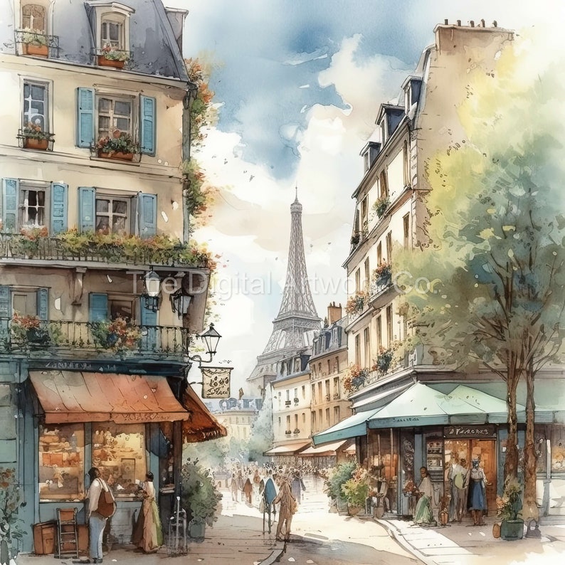 Pu&ograve; includere: Un dipinto ad acquerello di una scena di strada parigina con la Torre Eiffel in lontananza. La strada &egrave; fiancheggiata da edifici, negozi e persone. Gli edifici sono dipinti in tonalit&agrave; di giallo, marrone e bianco. I negozi hanno tende e insegne. Le persone camminano, parlano e fanno shopping. La Torre Eiffel &egrave; dipinta in un colore marrone chiaro ed &egrave; circondata da un cielo blu.