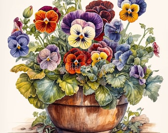 Potted Pansies Watercolor Clipart: Floral Wall Art (Digital Download)