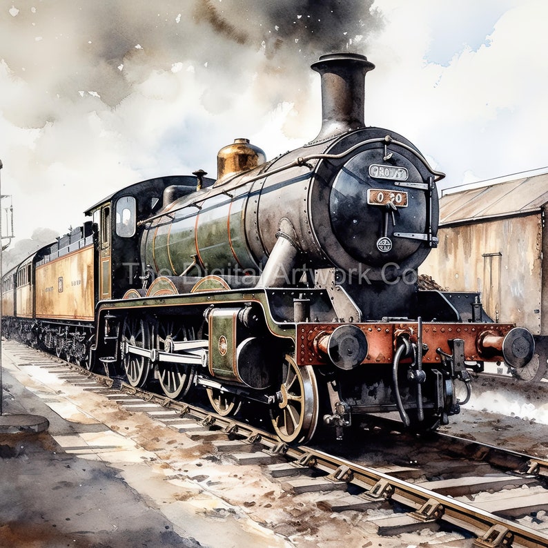 May include: A green and black steam locomotive with a gold-colored dome. The locomotive is pulling a train of passenger cars. The locomotive is numbered "0-20" and has the text "G.W.R." on the side.