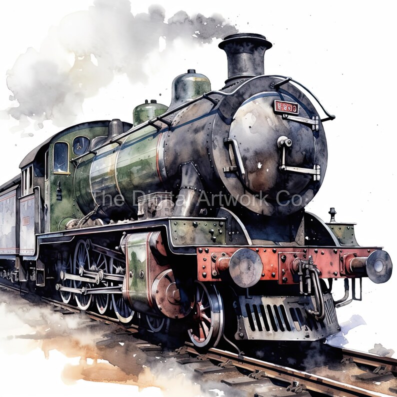 May include: A green and black steam locomotive with the number "600" on the side, traveling on train tracks. The locomotive is emitting smoke from the chimney.