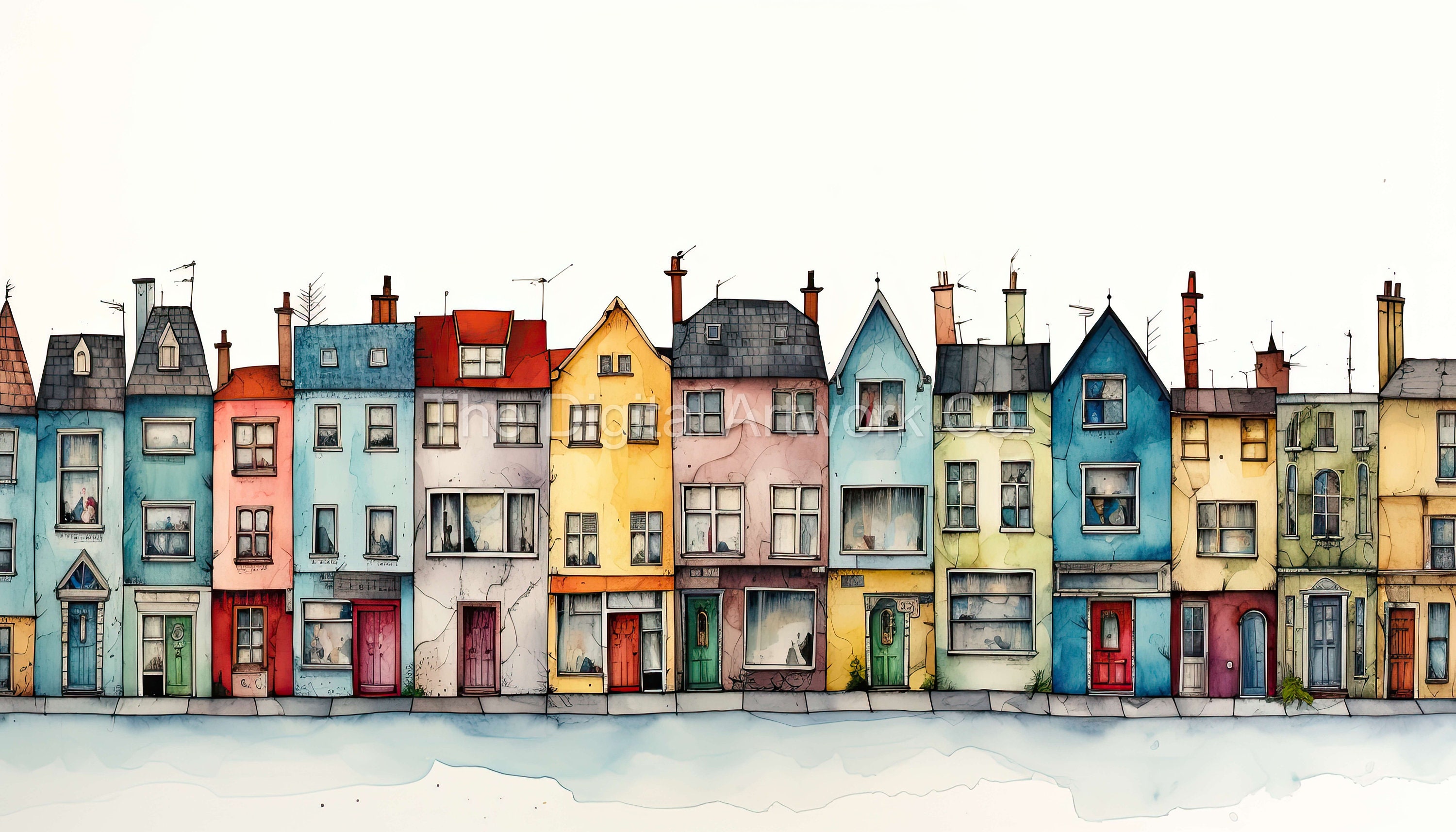 10 High Quality Landscape Designs of Colourful Houses 10 JPGs - Digital Print, Watercolour, Wall Art, Commercial Use - Digital Download