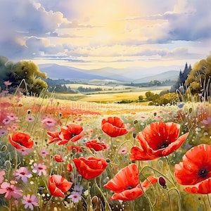 12 High Quality Designs of Poppy Field Backgrounds JPGs Digital Planner, Journaling, Watercolour, Wall Art, Commercial Use Digital Download