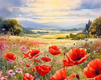 12 High Quality Designs of Poppy Field Backgrounds JPGs Digital Planner, Journaling, Watercolour, Wall Art, Commercial Use Digital Download