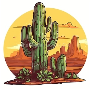 May include: A cartoon illustration of a desert landscape with two green cacti in the foreground. The larger cactus has multiple arms and the smaller cactus has two arms. The background features a sunset sky with clouds and red rock formations.