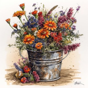 12  High Quality Designs of Buckets of Flowers  Clip Art 12 JPGs - Print, Watercolour, Wall Art, Commercial Use - Digital Download