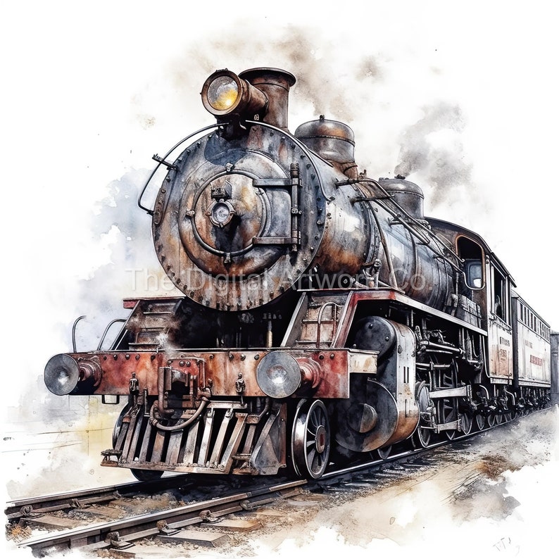 May include: A vintage steam locomotive with rust and wear, emitting smoke. The locomotive is painted in shades of red, brown, and black. The train is on a set of tracks.